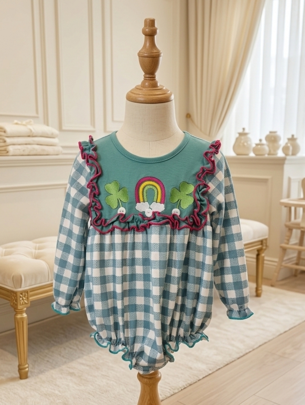 Marie Nicole Shamrock & Rainbow Plaid Bubble 18–24M Green White